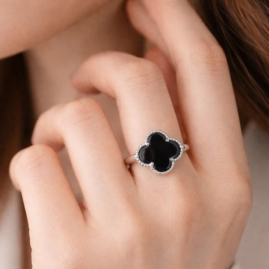 925 sterling silver black onyx clover ring with elegant minimal design for modern women