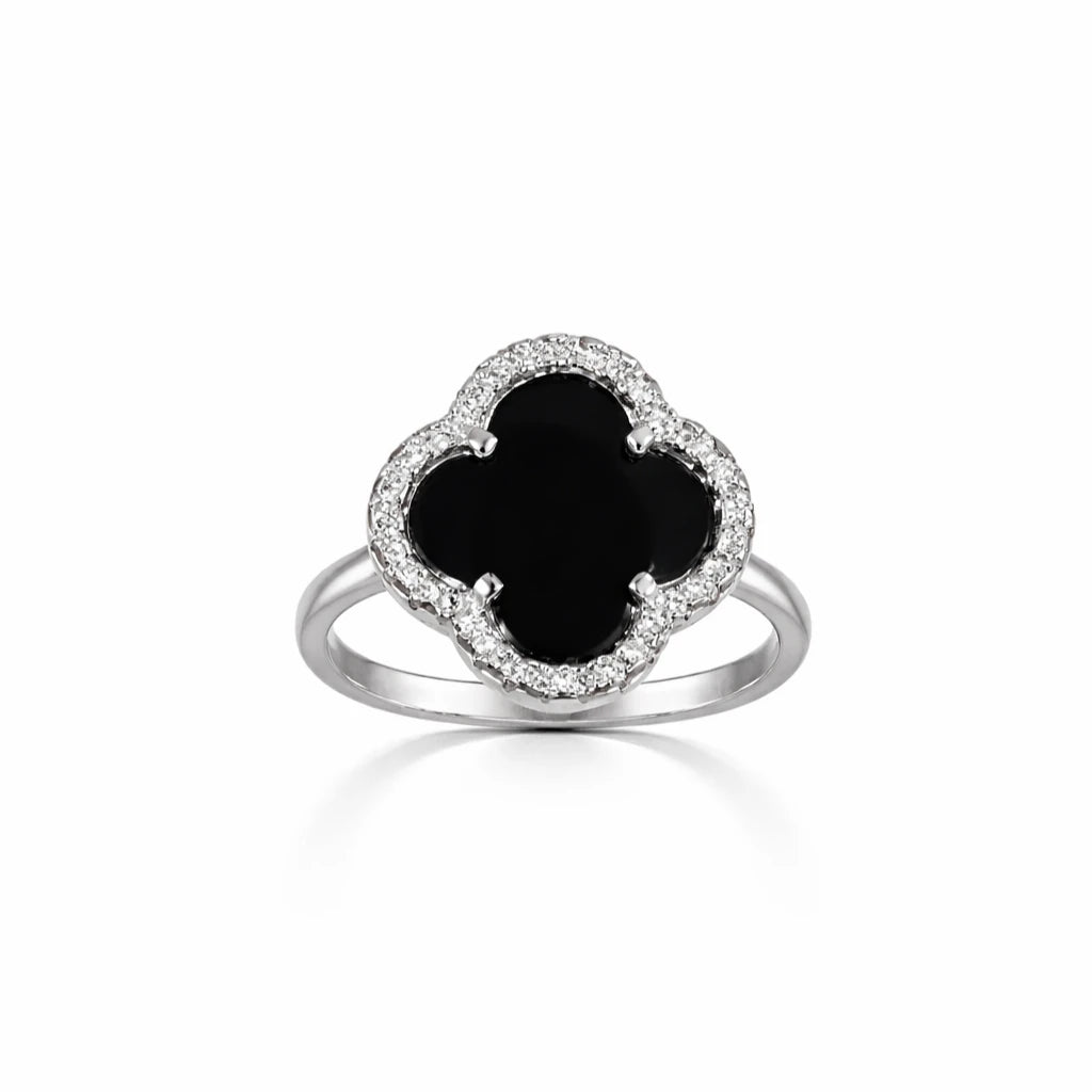 925 Sterling Silver Black Onyx Clover Halo Ring