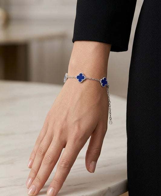 Blue clover charm bracelet for women in 925 sterling silver, stylish minimal jewellery for everyday wear.