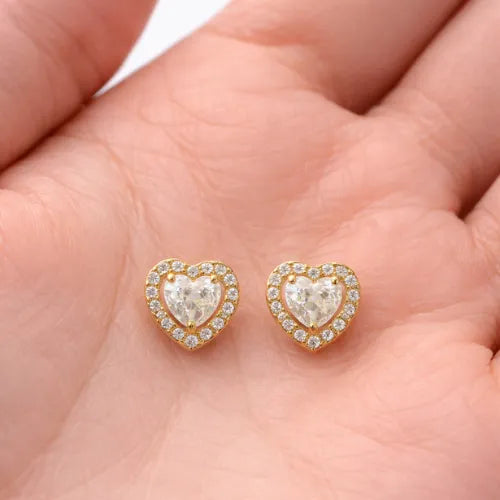 romantic heart shape CZ earrings gold plated 925 silver jewellery