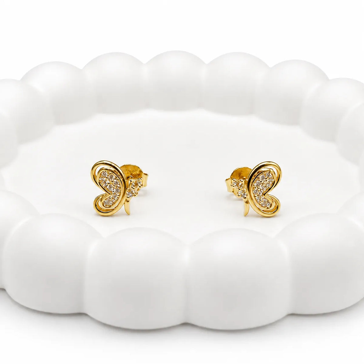 925 Sterling Silver Golden Butterfly Swirl CZ Stud Earrings