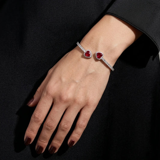 925 Sterling Silver Ruby Heart Open Bangle Bracelet
