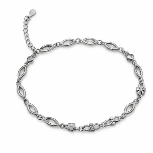 925 Sterling Silver chain Bracelet with Leaf Links and Floral Charm Design for women