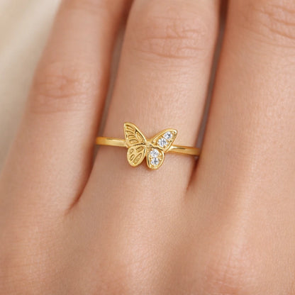 925 Silver Gold Vermeil Butterfly CZ Ring
