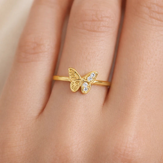 925 Silver Gold Vermeil Butterfly CZ Ring