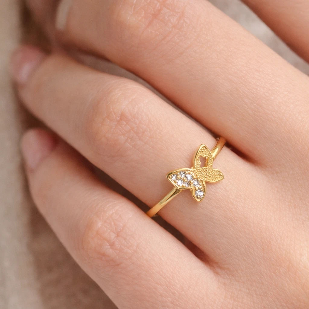 925 Silver Gold Vermeil Butterfly CZ Ring