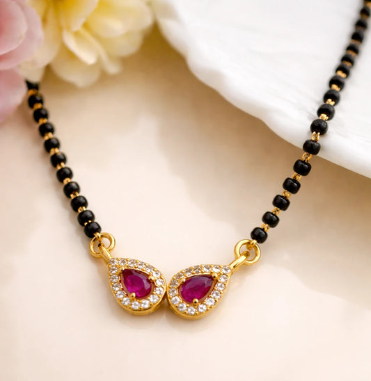 Gold-Vermeil 925 Sterling Silver Mangalsutra with Red Teardrop Stones and Zircon Halo.