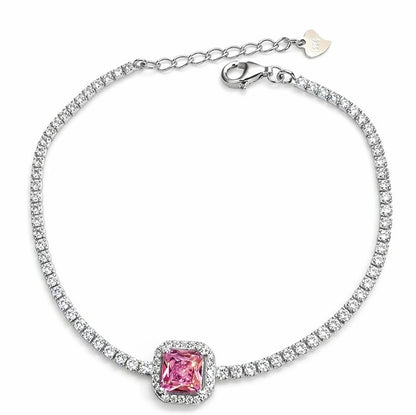 925 Sterling Sterling Silver Tennis Bracelet with Pink Square Stone and Zircon Stones