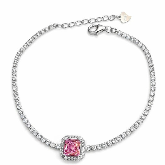 925 Sterling Sterling Silver Tennis Bracelet with Pink Square Stone and Zircon Stones