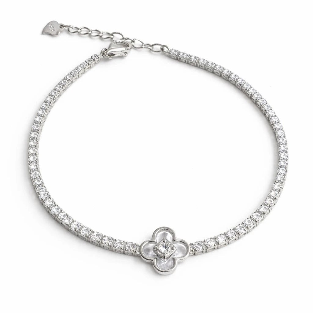 925 Sterling Silver Tennis Bracelet with Clover Flower in middle and Zircon Stones