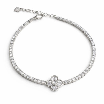 925 Sterling Silver Tennis Bracelet with Clover Flower in middle and Zircon Stones