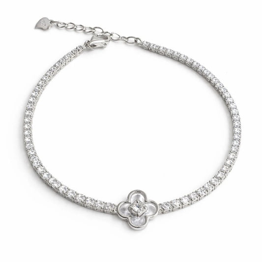 925 Sterling Silver Tennis Bracelet with Clover Flower in middle and Zircon Stones