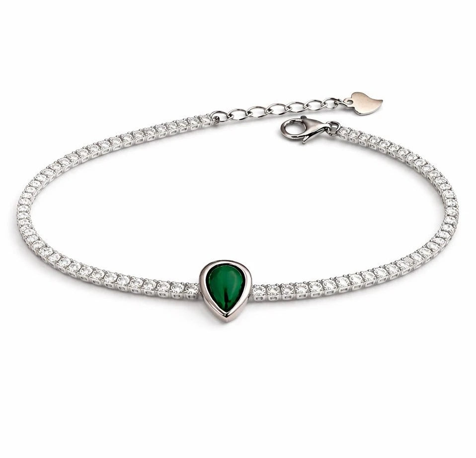 925 Sterling Silver Tennis Bracelet with Green Emerald Style Teardrop Stone and Zircon stones
