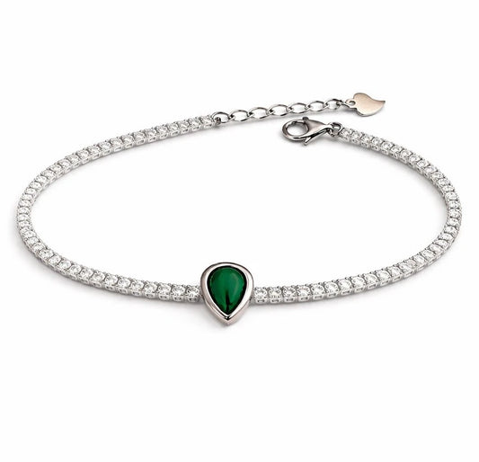 925 Sterling Silver Tennis Bracelet with Green Emerald Style Teardrop Stone and Zircon stones