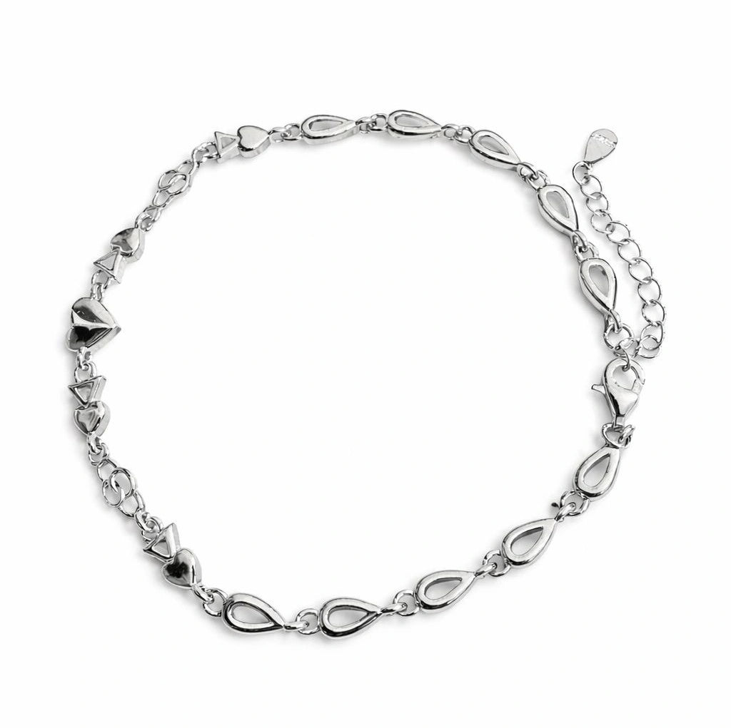 925 Sterling Silver Chain Bracelet with Teardrop Links and Heart Charms for women