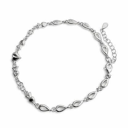 925 Sterling Silver Chain Bracelet with Teardrop Links and Heart Charms for women