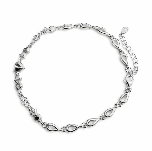 925 Sterling Silver Chain Bracelet with Teardrop Links and Heart Charms for women