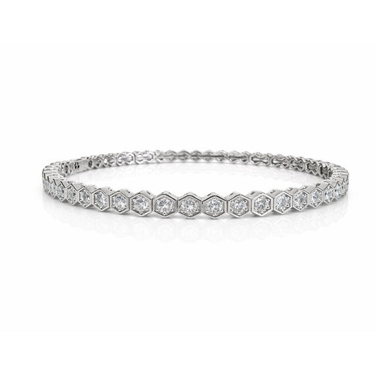 925 sterling silver hexagon CZ bangle bracelet with geometric honeycomb design and sparkling cubic zirconia stones