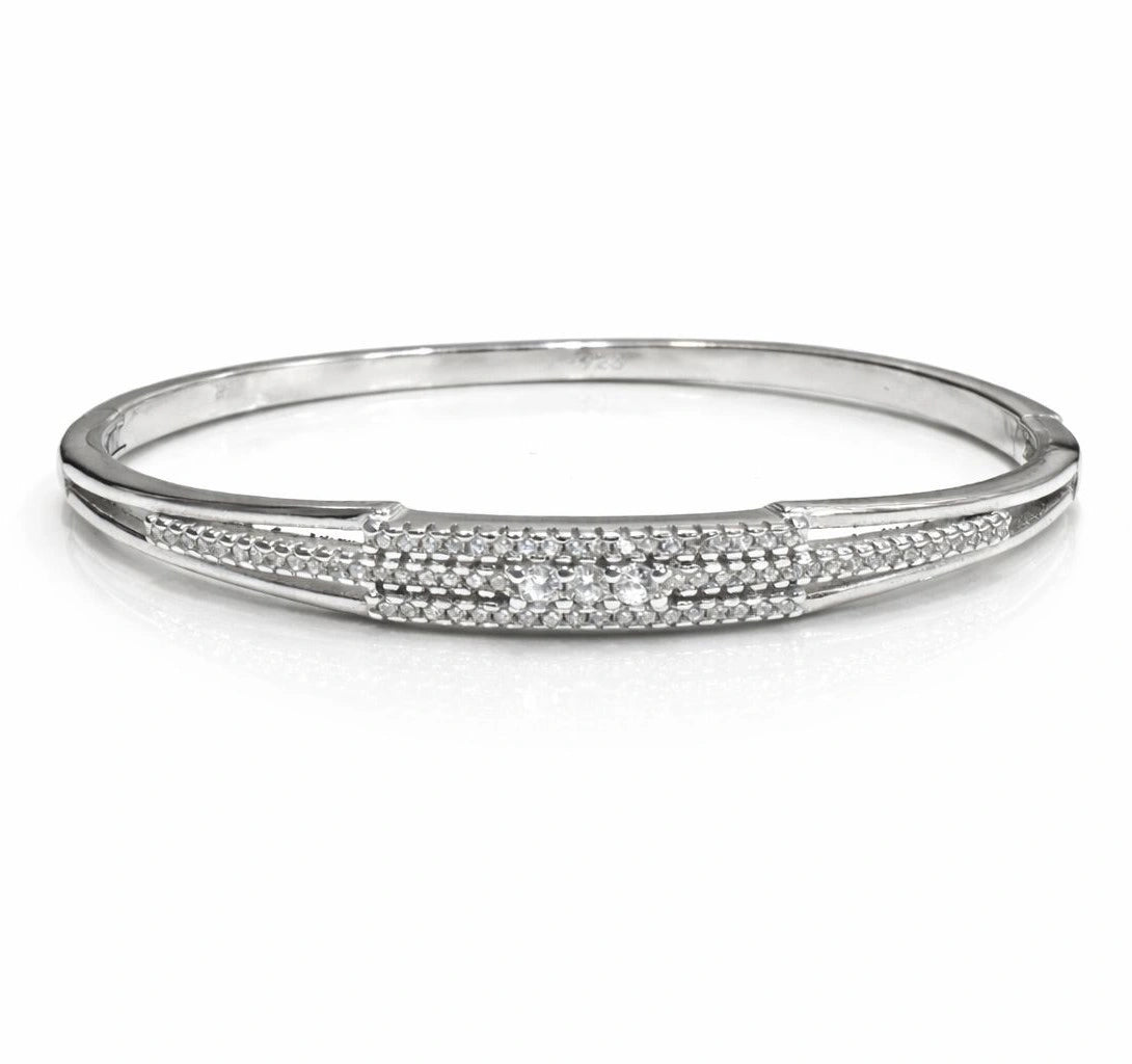 925 Sterling Silver Bangle with Cluster Zircon Stones and Minimal Design