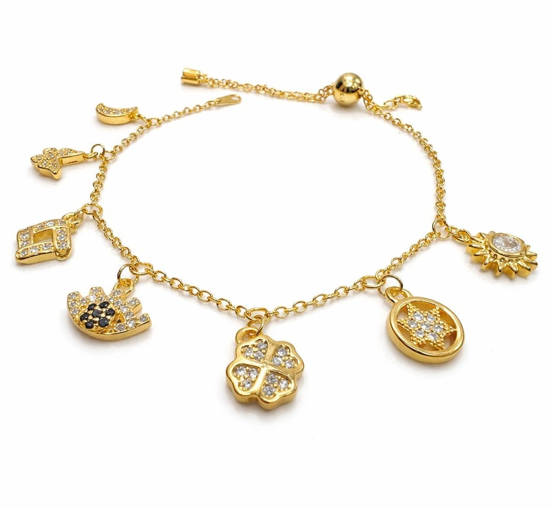 Gold Vermeil 925 Sterling silver chain Bracelet with Floral, Sun and Heart Charms with Zircon stones