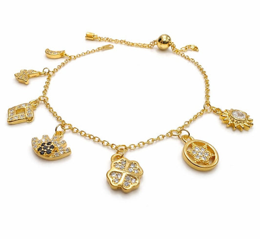 Gold Vermeil 925 Sterling silver chain Bracelet with Floral, Sun and Heart Charms with Zircon stones