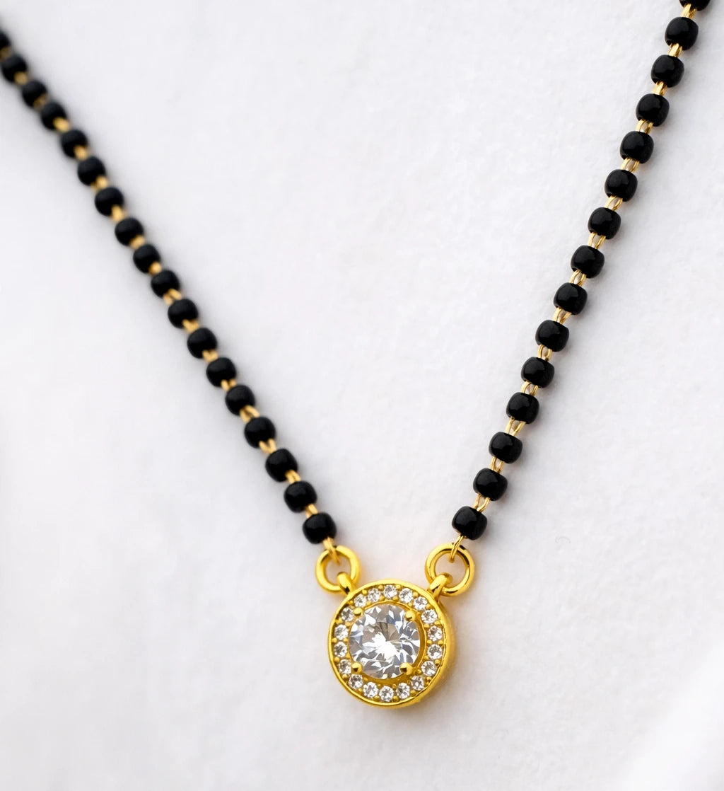 Gold-Vermeil 925 Sterling Silver Mangalsutra with Round Zircon Pendant and Black Beads.