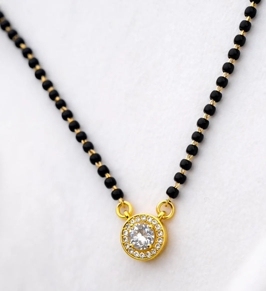Gold-Vermeil 925 Sterling Silver Mangalsutra with Round Zircon Pendant and Black Beads.