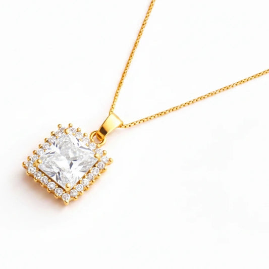 gold vermeil princess cut cubic zirconia halo pendant necklace in 925 sterling silver for women