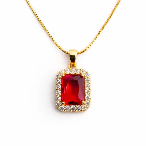 925 silver gold vermeil ruby emerald cut CZ halo pendant necklace with red cubic zirconia stone for women