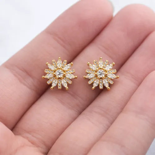 gold flower statement stud earrings with cubic zirconia sparkle for women