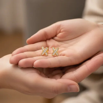 criss cross gold plated CZ earrings 925 silver base minimal design