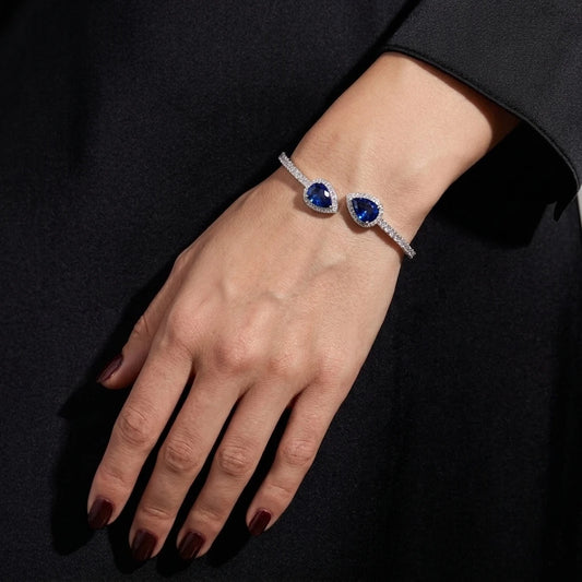 925 Sterling Silver Sapphire Teardrop Open Bangle Bracelet