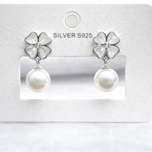 minimal silver pearl drop earrings with clover shape for women