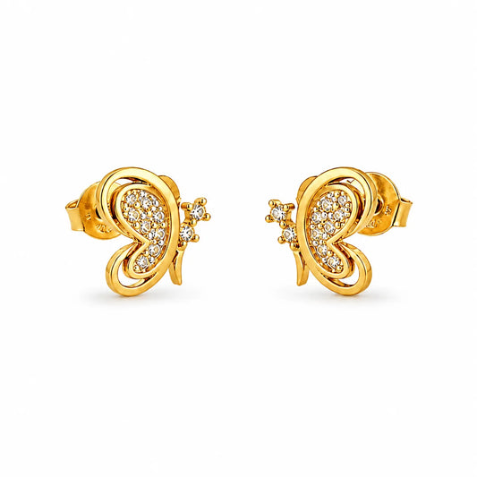 925 Sterling Silver Golden Butterfly Swirl CZ Stud Earrings