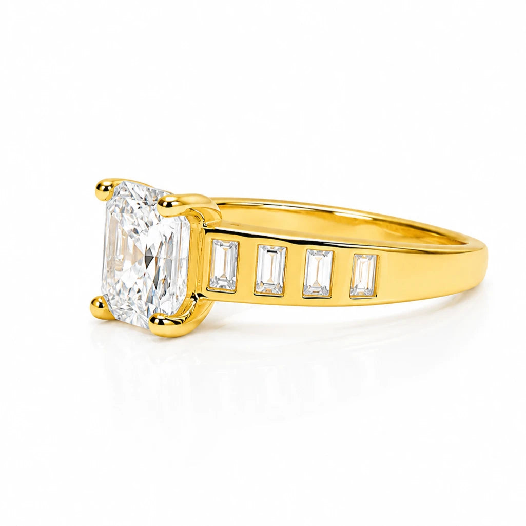 925 Sterling Silver Gold Plated Emerald Cut CZ Solitaire Ring