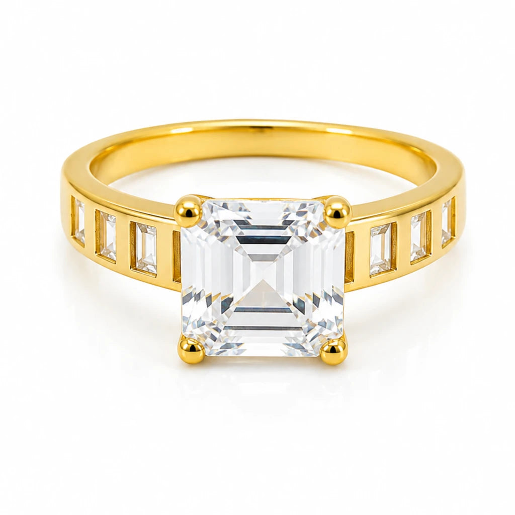 925 Sterling Silver Gold Plated Emerald Cut CZ Solitaire Ring