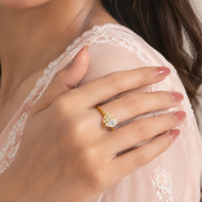 925 sterling silver Golden Half Heart CZ ring with heart-cut center stone and sparkling CZ accents for women