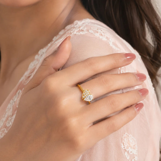 925 sterling silver Golden Half Heart CZ ring with heart-cut center stone and sparkling CZ accents for women