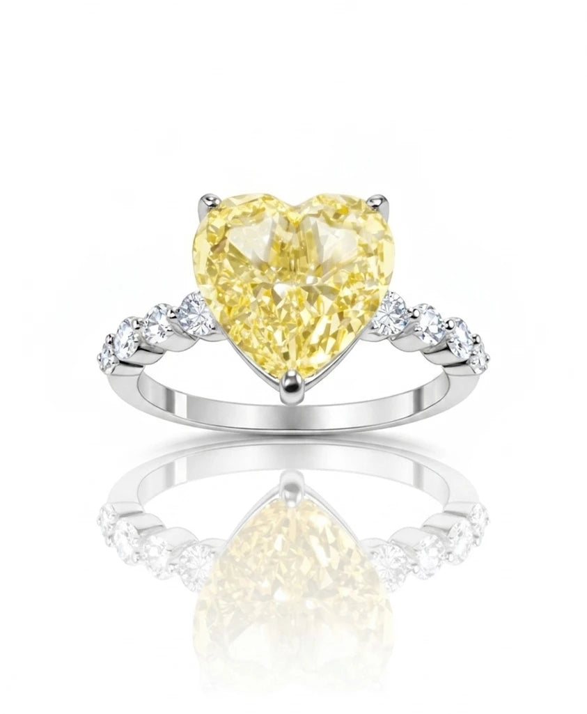 925 sterling silver yellow heart CZ ring with heart-cut cubic zirconia and sparkling stone band for women