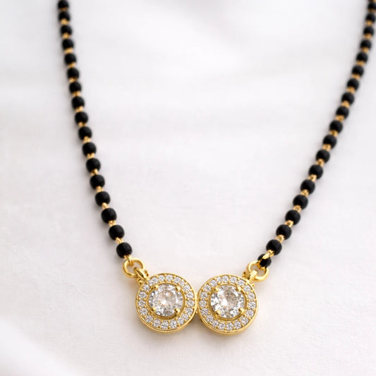 Gold-Vermeil 925 Sterling Silver Mangalsutra with Double Round Zircon Stones and Black Beads.