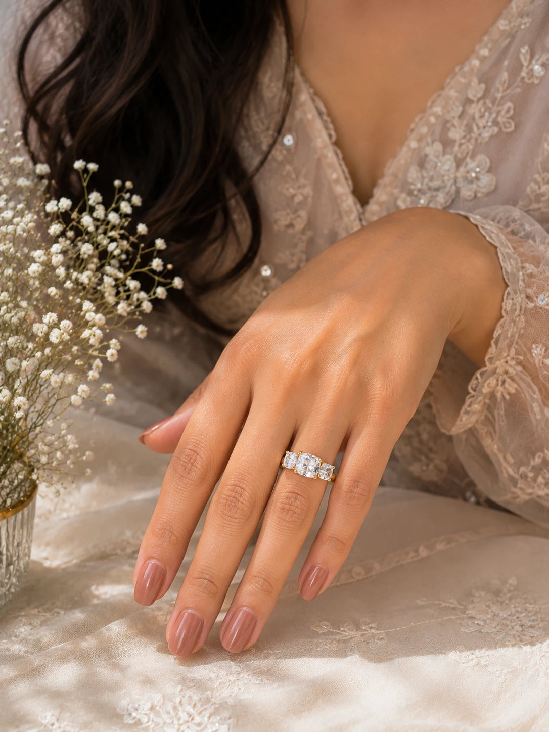 925 Sterling Silver Golden Trio CZ Ring