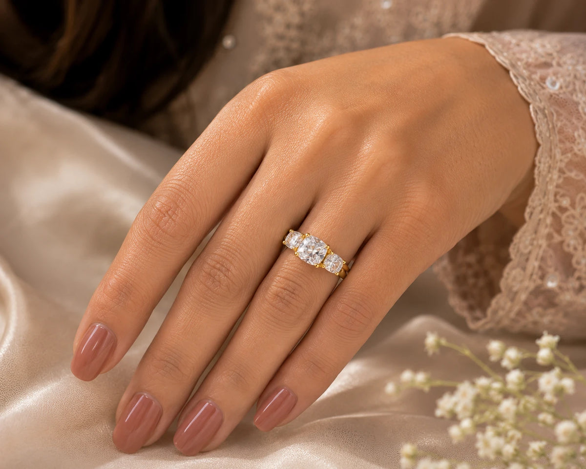 925 sterling silver Golden Trio CZ ring with three cushion-cut stones and gold-plated finish for women
