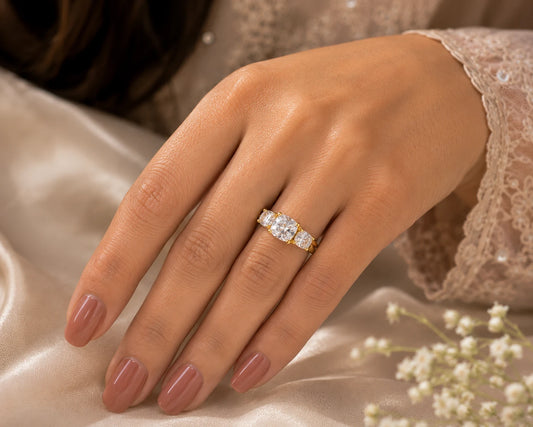 925 sterling silver Golden Trio CZ ring with three cushion-cut stones and gold-plated finish for women