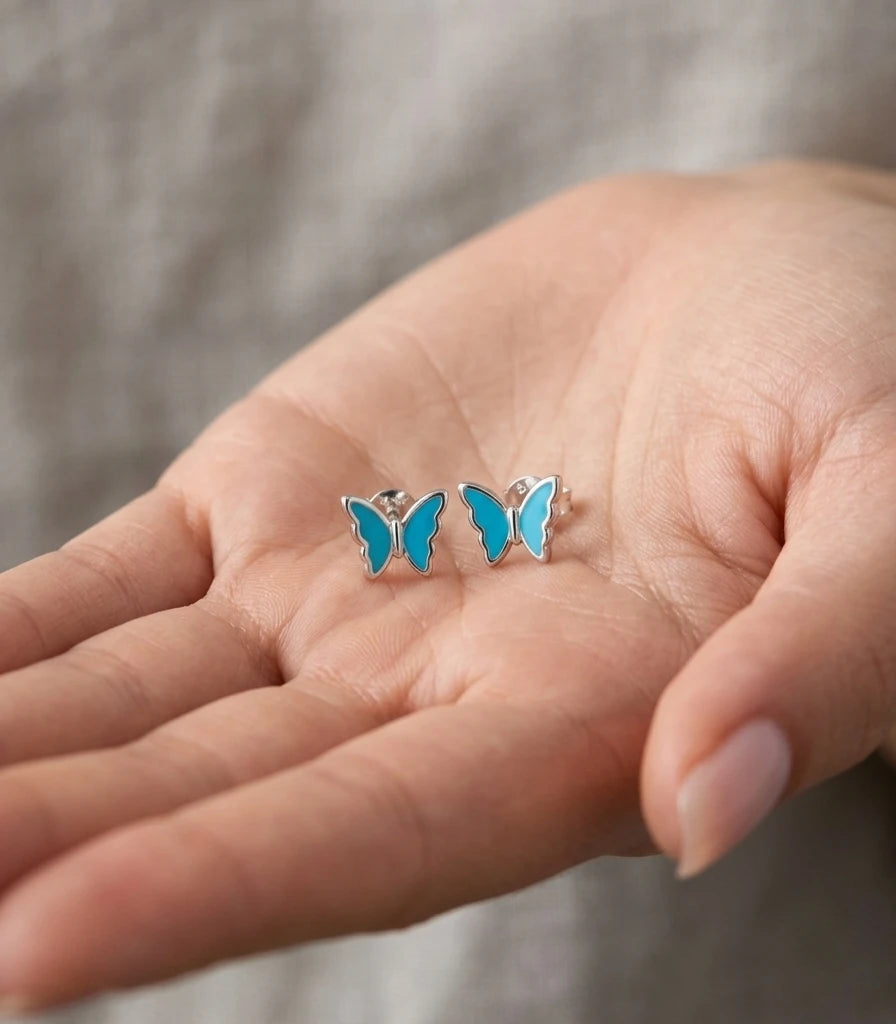 925 Sterling Silver Blue Flutter Butterfly Stud Earrings