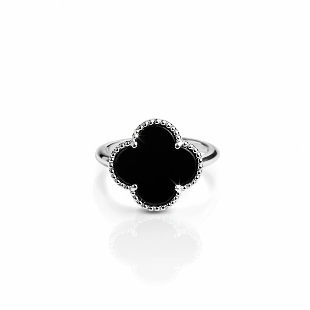 Minimal black onyx flower clover ring in sterling silver, stylish everyday jewellery piece