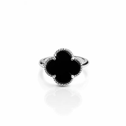 Minimal black onyx flower clover ring in sterling silver, stylish everyday jewellery piece