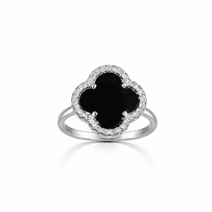 925 Sterling Silver Black Onyx Clover Halo Ring