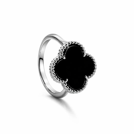 Black onyx clover ring in 925 sterling silver with a minimal elegant design, perfect for everyday wear.