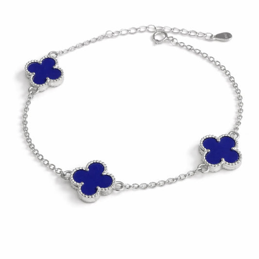 Blue clover bracelet in 925 sterling silver with halo detailing, elegant minimal jewellery for women.