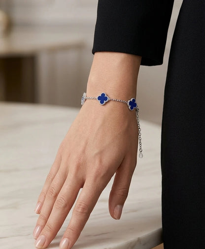 Blue clover charm bracelet for women in 925 sterling silver, stylish minimal jewellery for everyday wear.